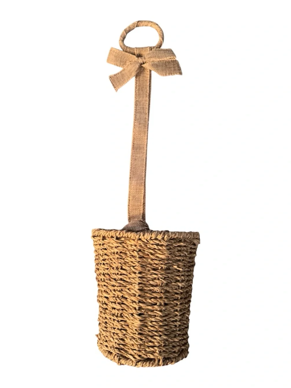 90’s Vintage Rustic Burlap Bow Hanging Woven Seagrass Basket for Flowers 19”